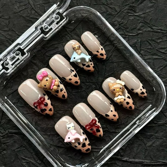 Leopard Print Kitty Almond-Shaped Press-On Nails