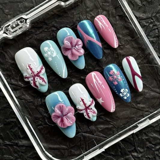 Sea Breeze Cool Flower Almond-Shaped Press-On Nails