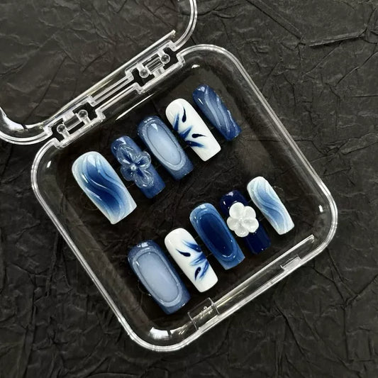 Blue and White Porcelain Coffin-Shaped Press-On Nails