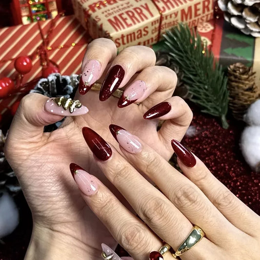 French Red Christmas Tree Almond-Shaped Press-On Nails