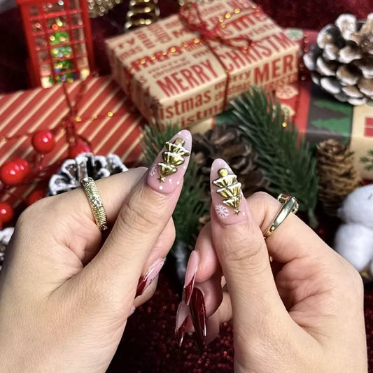 French Red Christmas Tree Almond-Shaped Press-On Nails