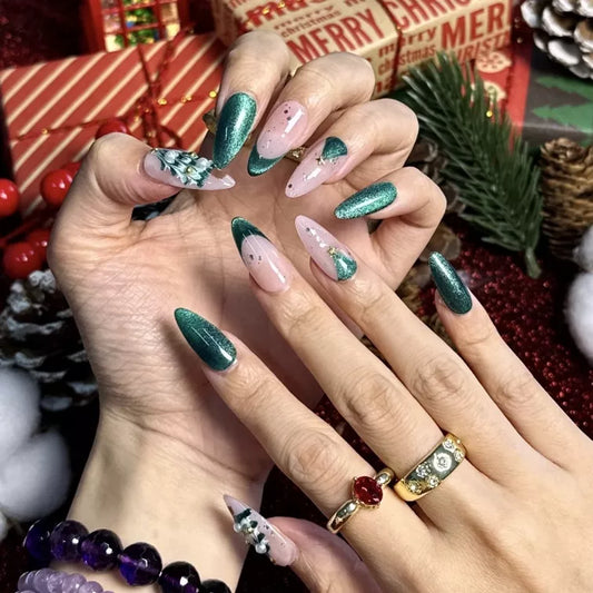 French Green Christmas Tree Almond-Shaped Press-On Nails