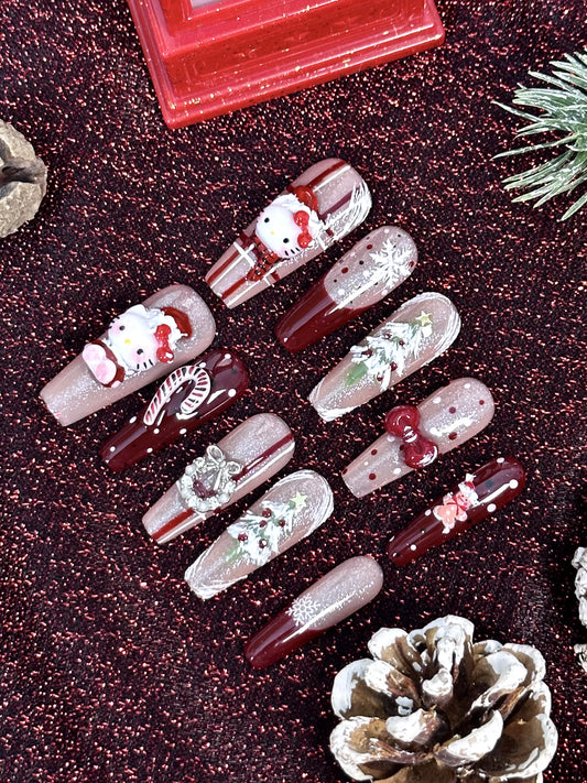 Christmas Kitty Coffin Shaped Press-On Nails