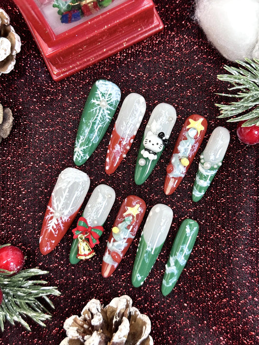 Christmas Tree Kitty Stiletto Press-On Nails