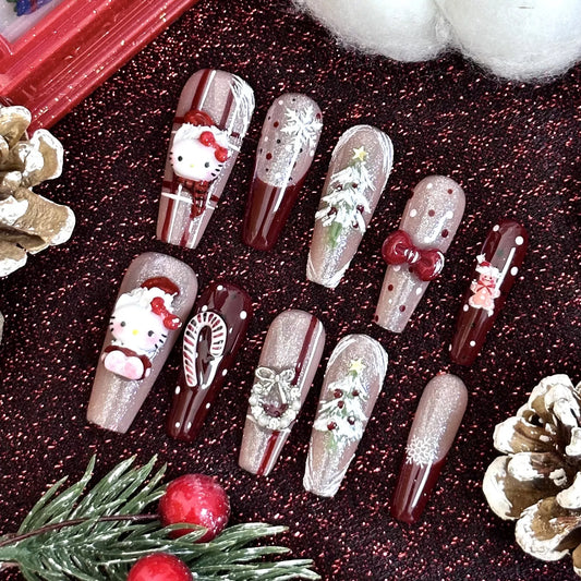 Christmas Kitty Coffin Shaped Press-On Nails