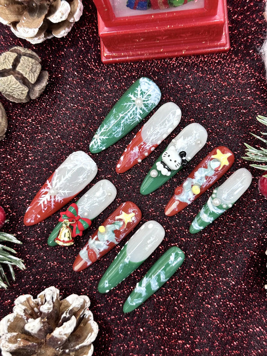 Christmas Tree Kitty Stiletto Press-On Nails