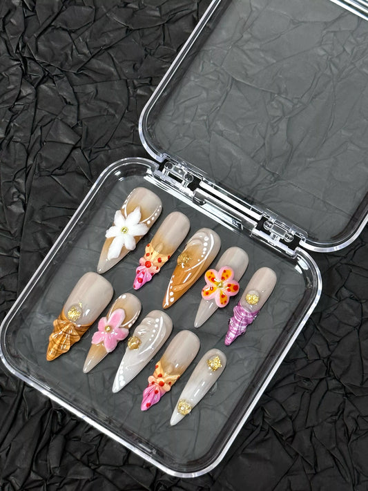 Beach 3D Flowers Stiletto Press-On Nails