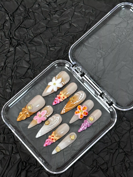 Beach 3D Flowers Stiletto Press-On Nails